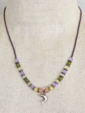 Multicolor Glass Bead and Silver Dolphin Necklace